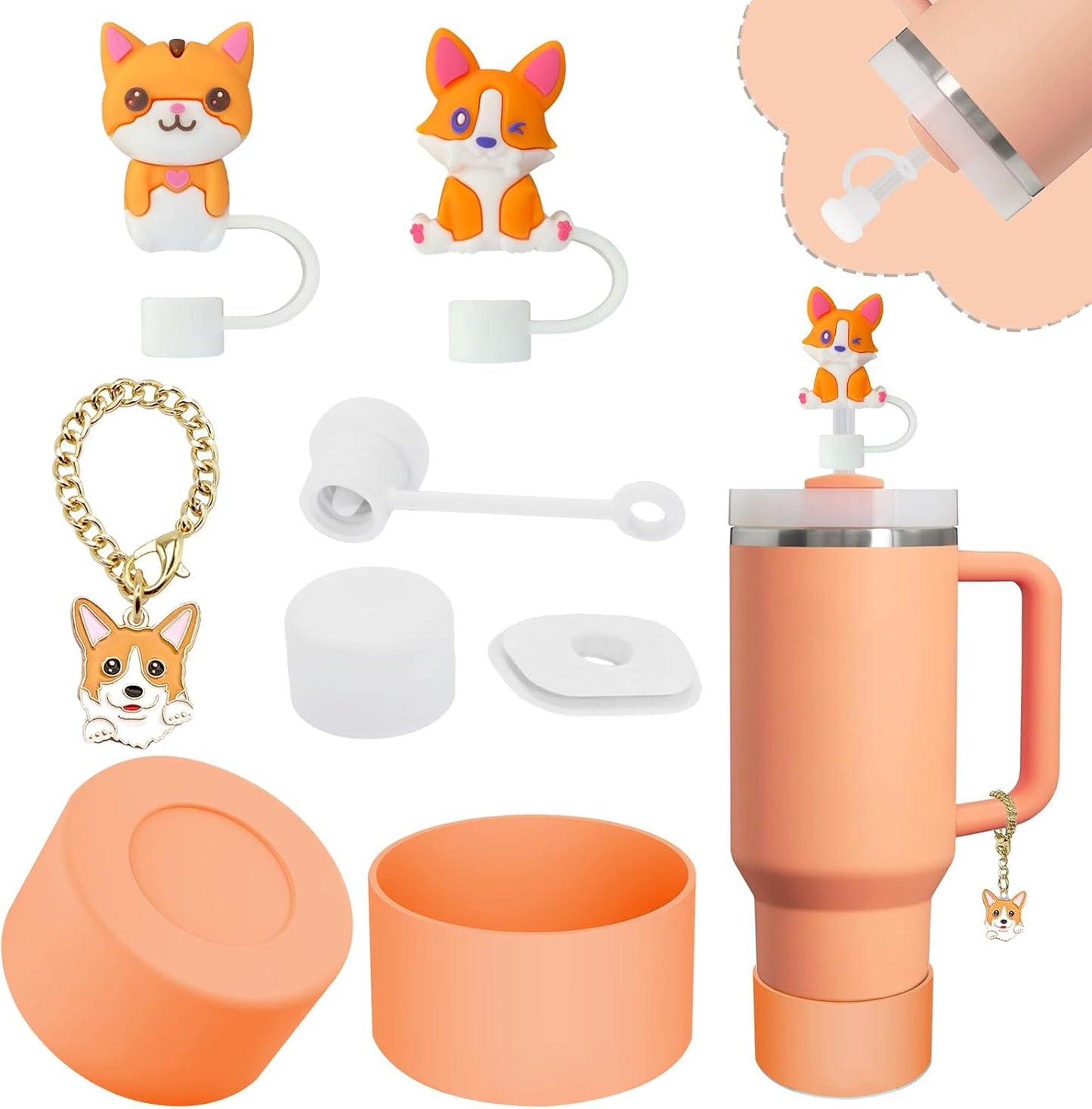 Stanley Cup Accessories Set - 2 Straw Covers, Spill-Proof Stopper & Cute Dog Charm | Sunshine Orange