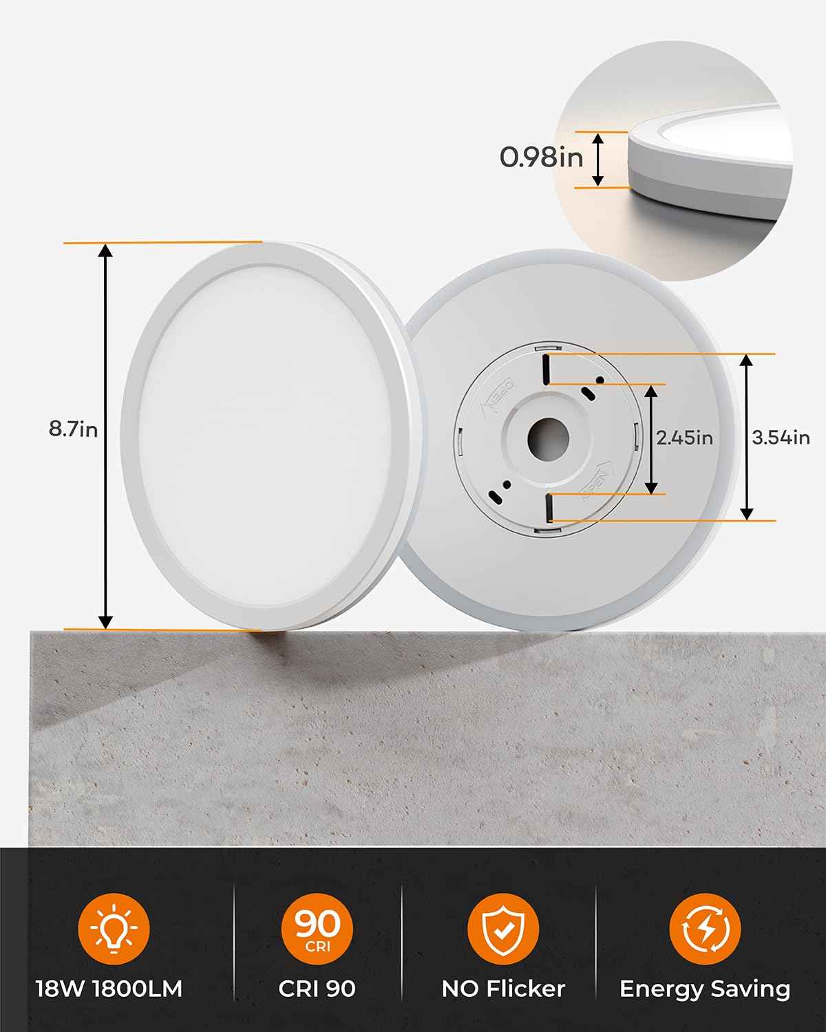 Matane LED Flush Mount Ceiling Light Fixture with Night Light, 1800LM 3000K/4000K/5000K Selectable, Dimmable Low Profile Ceiling Light for Kitchen Bedroom Hallway, 8.7inch Round White