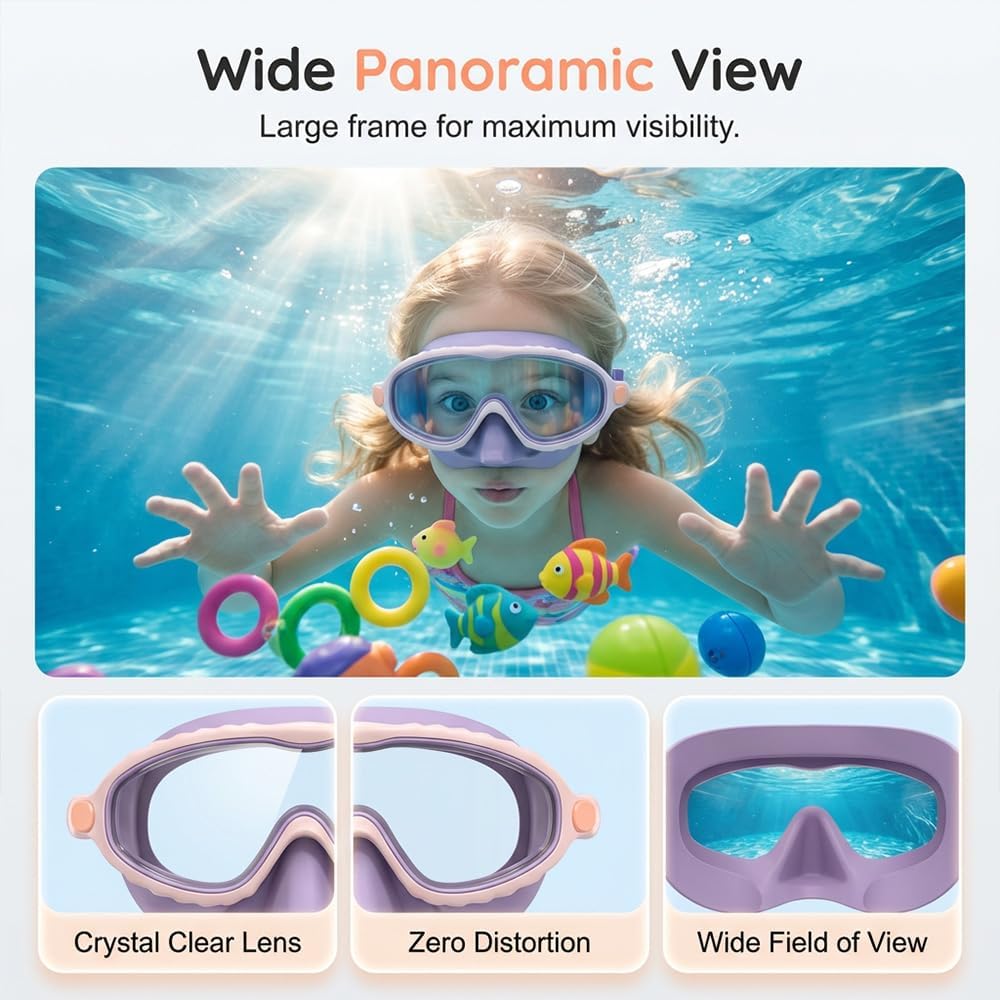 Runsgo HD Children's Waterproof Anti-Fog Swimming Goggles - Large Frame with Wide View & Nose Cover