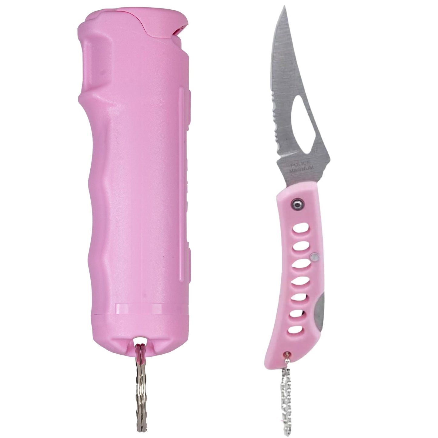Police Magnum Keychain Pepper Spray Combo Safety Kit- Maximum Heat Strength OC with Pink Pocket Knife Self Defense- Made in The USA- 1 Pack Soft Pink FT & PNK KNF