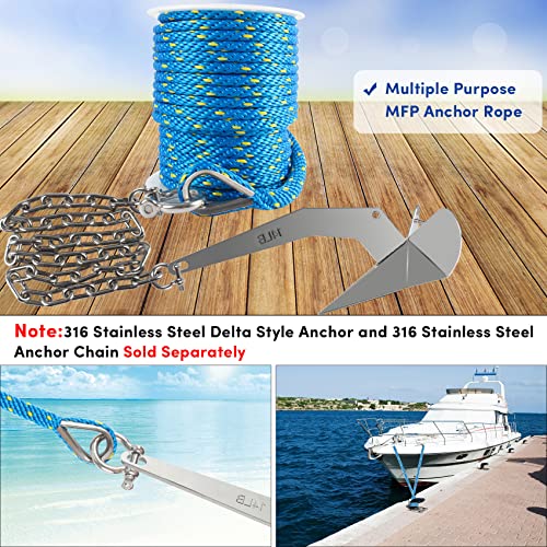 VEITHI 50 ft Blue/Yellow 3/8 Inch Marine Anchor Rope Solid Braid MFP with Thimble & Shackle