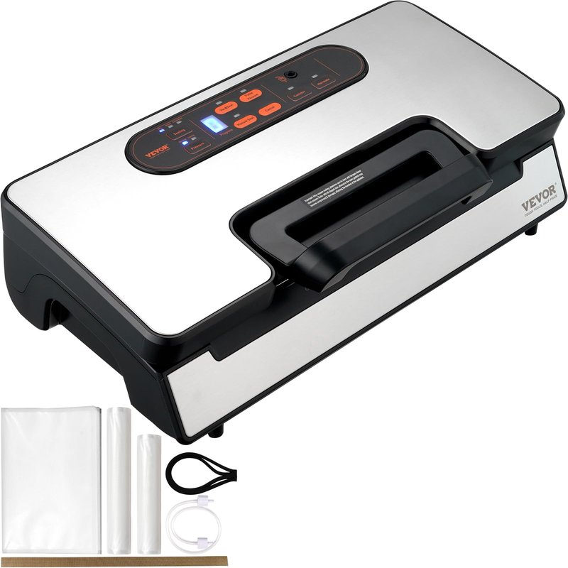 VEVOR Vacuum Sealer Machine, 80Kpa 120W Powerful Compact Food Sealer, 7-in-1 Multi-Functional Food Vacuum Sealer, Automatic Air Sealing System with Built-in Cutter with 10 Vacuum Bags & 1 Bag Roll