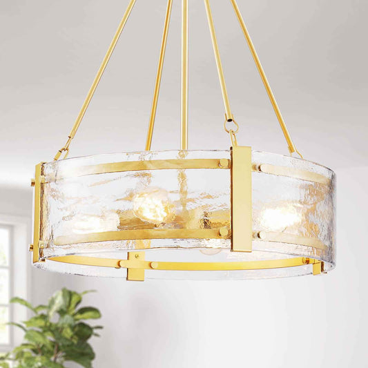 GlowEasely Modern Ripple Galss Chandelier, 4-Light Water Glass Pendant Light | Ribbed Glass, D20 * H29.5~78.2inch Height Adjustable, Fit for Dining Room, Living Room, Bedroom, Hallway, Kitchen, Foyer