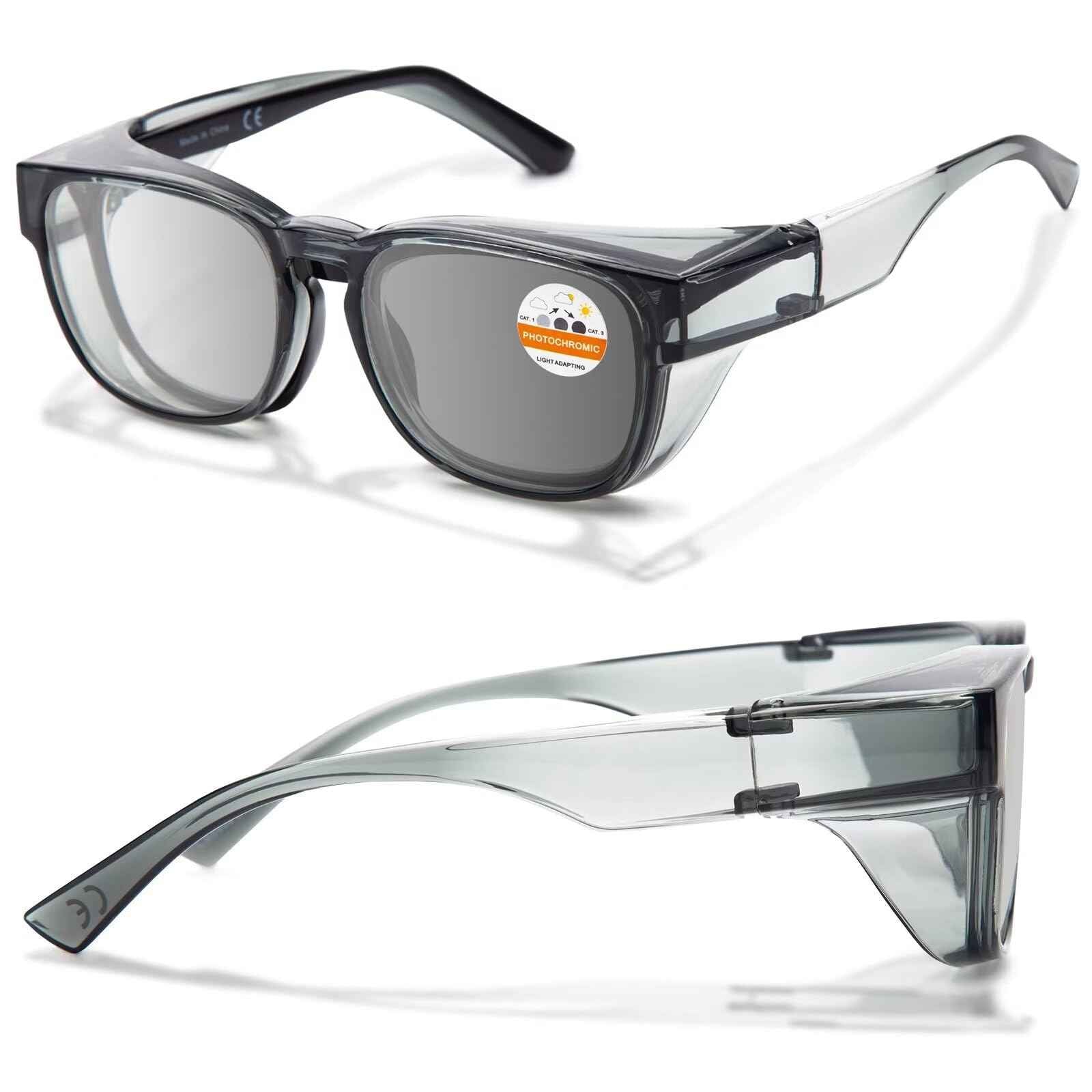 LianSan Photochromic Safety Glasses Over Eyeglasses for Men&Women - Fit Over Glasses with UV400&Scratch Resistant Lenses ANSI Z87(Grey,Light Grey Lens)