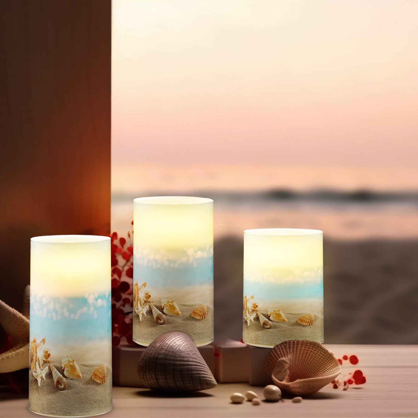 Tujoe 3 Pcs Summer Starfish Flameless Candles LED Battery Pillar Candles Set Battery Operated Flickering Candles Gifts with Remote Summer Decor for Holiday