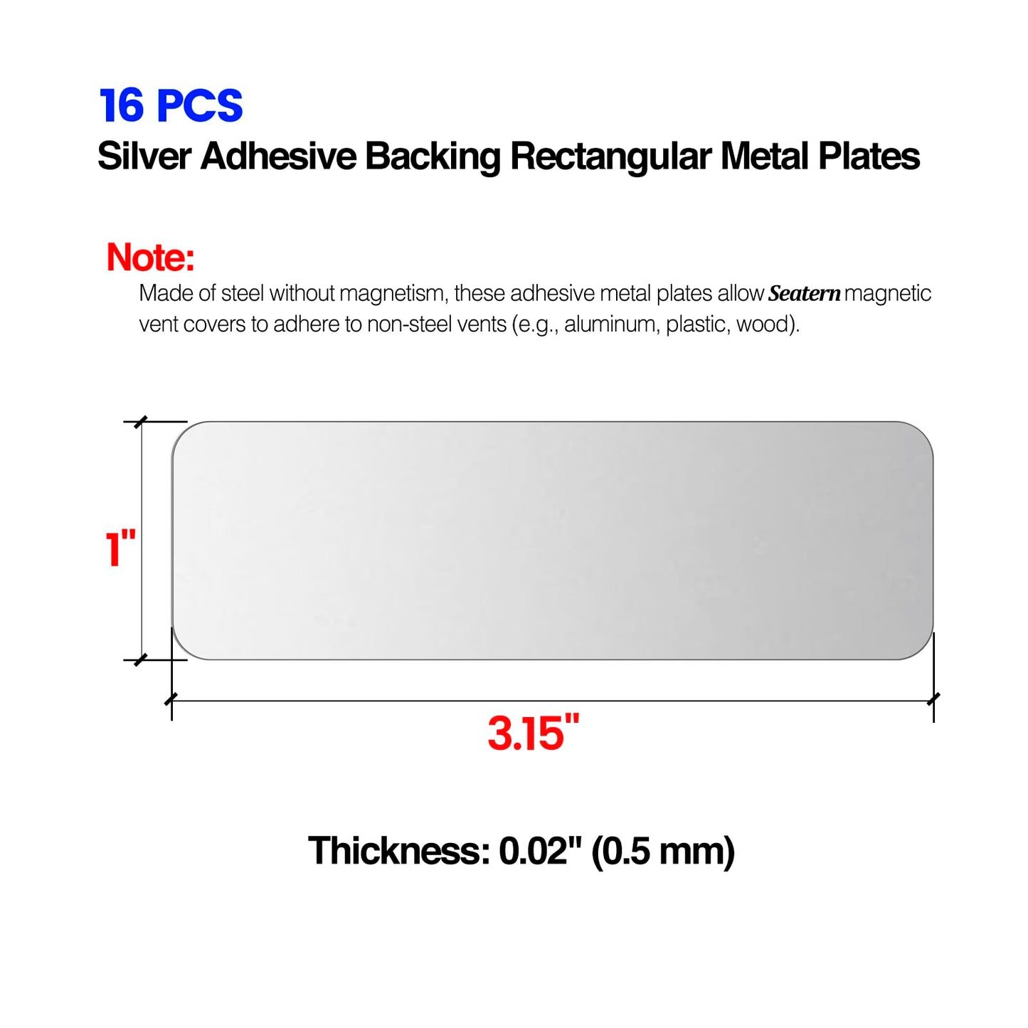 Seatern Adhesive Metal Plates for Magnetic Mounts, 1" x 3.15", 16 Pack Steel Strips with Adhesive Backing for Magnets on Non-Steel Vents