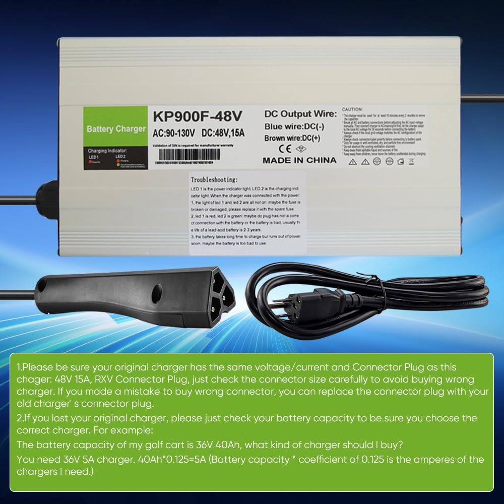 aunstarwei 15 AMP Golf Cart Charger for 48 Volt EZGO RXV & TXT with 3 Pin Triangular Plug-Lead Acid Battery