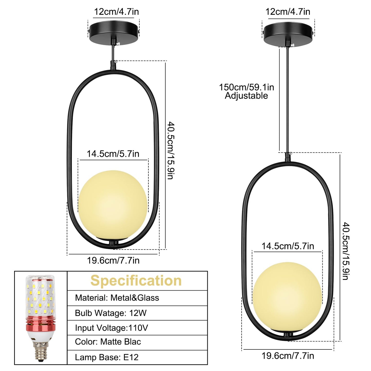 lobolighting Modern Pendant Lighting, 2 Pack Black Pendant Light Fixtures Adjustable Height Mid Century Chandelier, Frosted Glass Globe Single Hanging Light for Kitchen Island Dining Room Bedroom