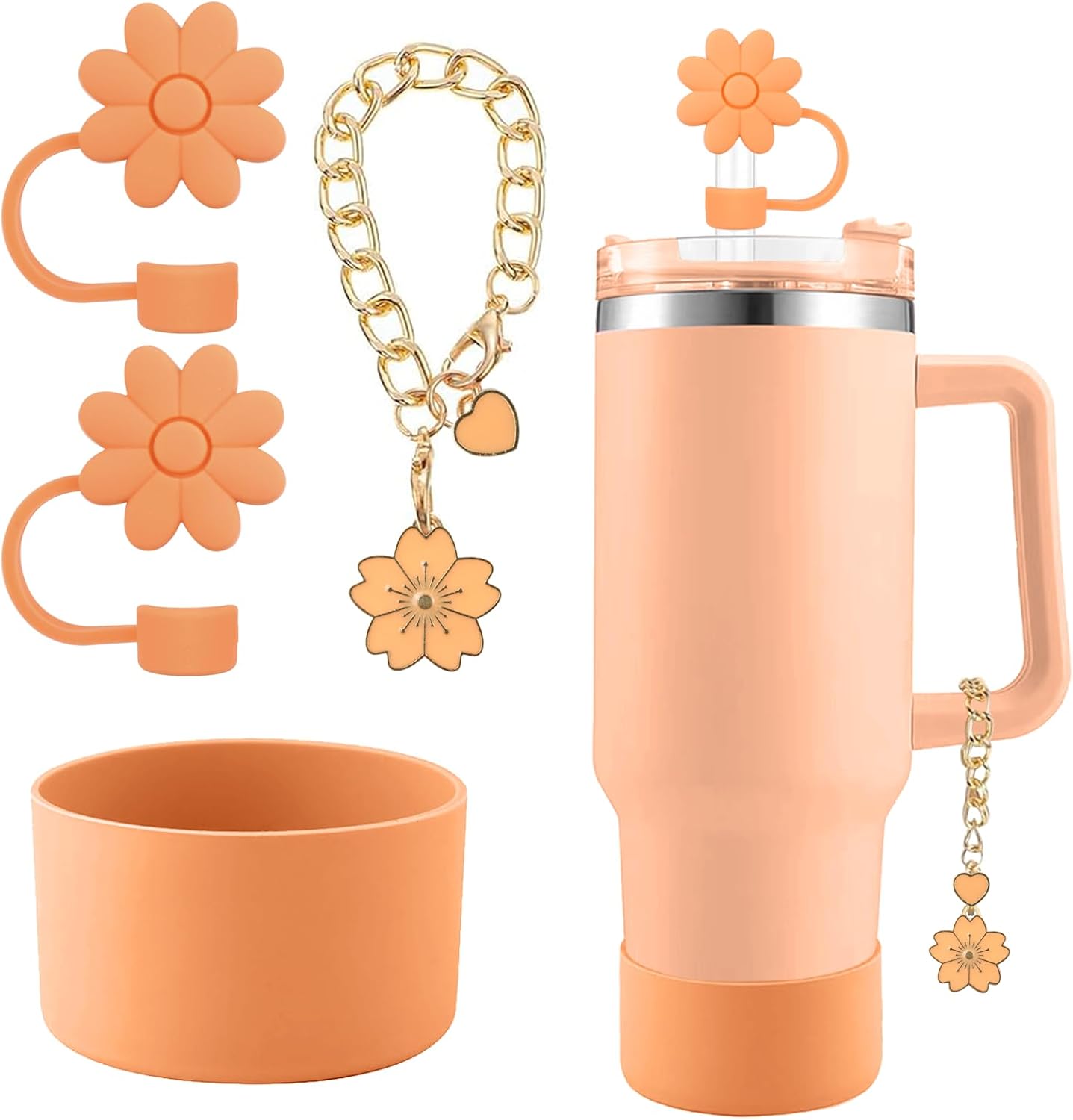 Stanley - Silicone Flower Straw Cover Toppers & Handle Charm Set | 10mm Straw Toppers, Nectarine