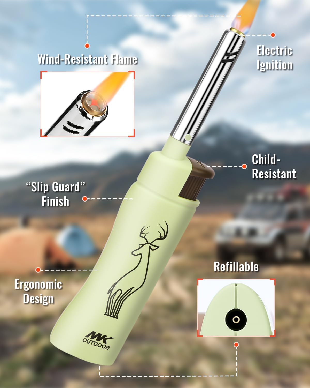 MK Lighter Outdoor Series - Windproof Torch Flame Candle Lighters | 5-Piece Set for BBQ & Camping