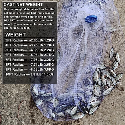 Drasry 10FT Cast Net with 3/8-inch Mesh, Zinc-Iron Sinkers, White, Heavy Duty Monofilament, Bait & Shrimp Trap