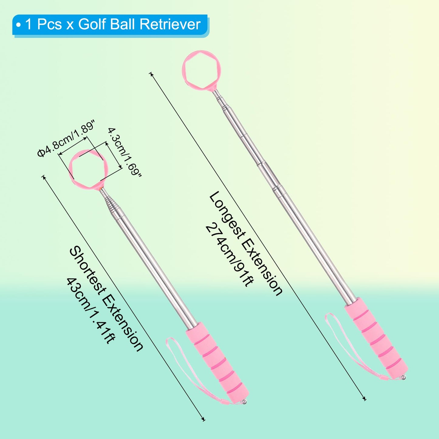 PATIKIL Golf Ball Retriever Telescopic, 9 Ft Stainless Steel Head Ball Grabber with Lanyard for Water Golf Ball Picker Tool Golf Accessories, Pink