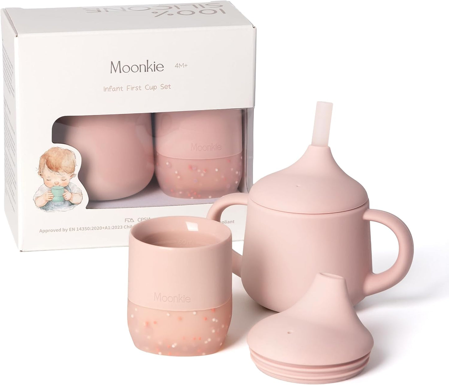 Moonkie Baby Training Cup Set - Essential Sippy Cups for Baby-Led Weaning | 2 Pack in Blush | 4 Months+