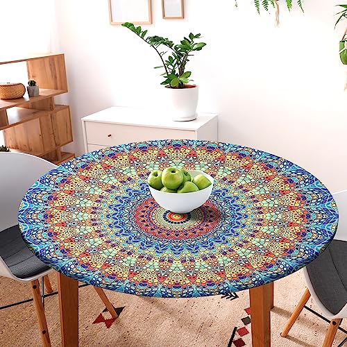 Butaluk Round Fitted Tablecloth 40-44 inch Elastic Waterproof Blue - Outdoor Picnic Table Cover