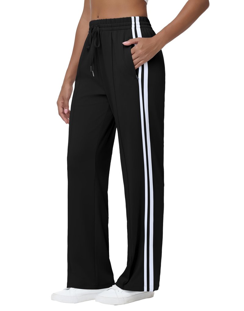 MIVEI Women’s Athletic Track Pants Regular Fit - Loose Jogging Sweatpants with Zipper Pockets Drawstring Waist Striped Black