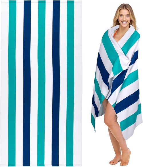 Cabanana Large Oversized Beach Towel - Quick-Dry Microfiber, Sand-Free, 35 x 70 Inch, Turquoise Stripes