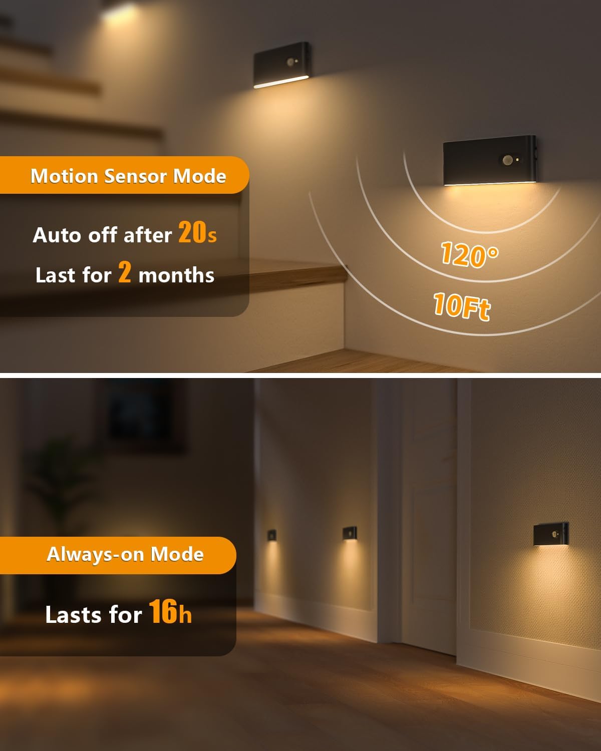 Rechargeable Motion Sensor Night Light - Wireless Battery-Powered LED for Hallway, Stairway & Bathroom - 6 Pack