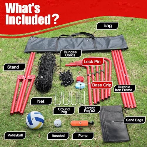 Volleyball Rebounder Net 7x4 Ft with PU Volleyball - Black+Red
