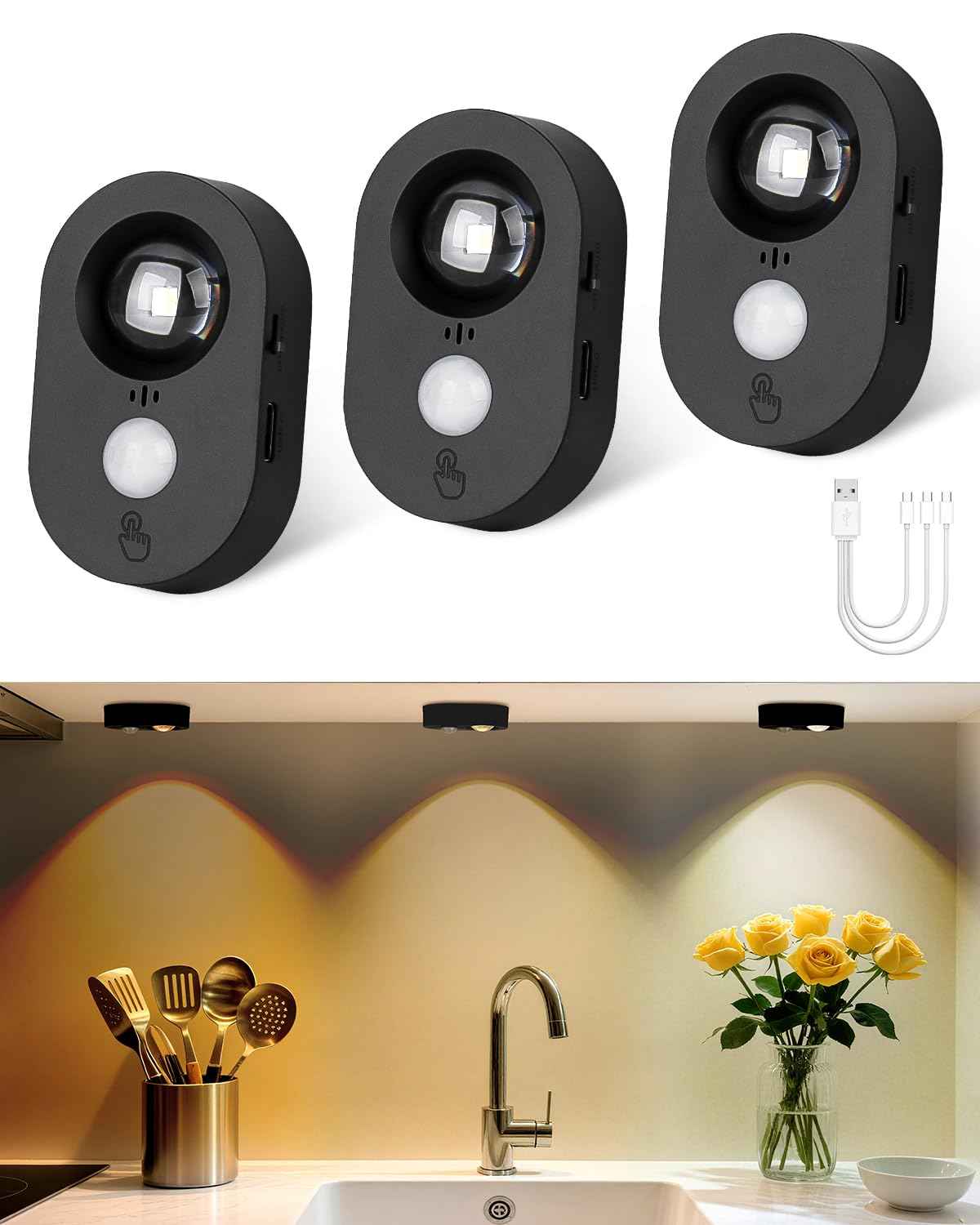 Yiliaw LED Motion Sensor Puck Lights Indoor, Small Rechargeable Under Cabinet Lighting, Dimmable Warm White Closet Lights, Stick on Wireless Night Light for Drawer, Shelf, Kitchen, Black (3 Pack)