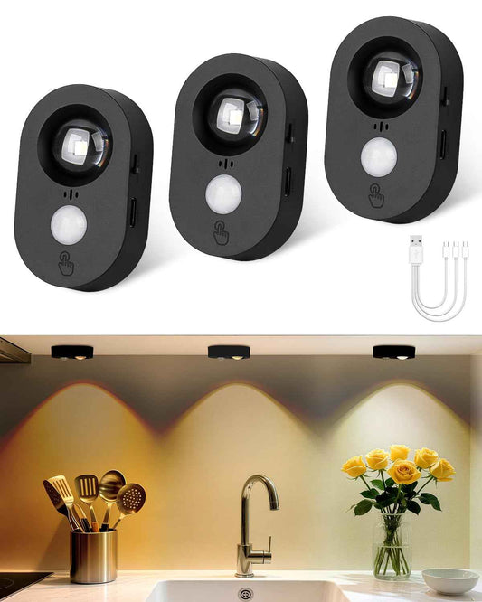 Yiliaw LED Motion Sensor Puck Lights Indoor, Small Rechargeable Under Cabinet Lighting, Dimmable Warm White Closet Lights, Stick on Wireless Night Light for Drawer, Shelf, Kitchen, Black (3 Pack)