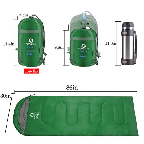 ECOOPRO Warm Weather Sleeping Bag - Portable, Waterproof, Compact Lightweight, Comfort with Compression Sack - Great for Outdoor Camping, Backpacking & Hiking-83 L x 30" W Fits Adults(Emerald Green)