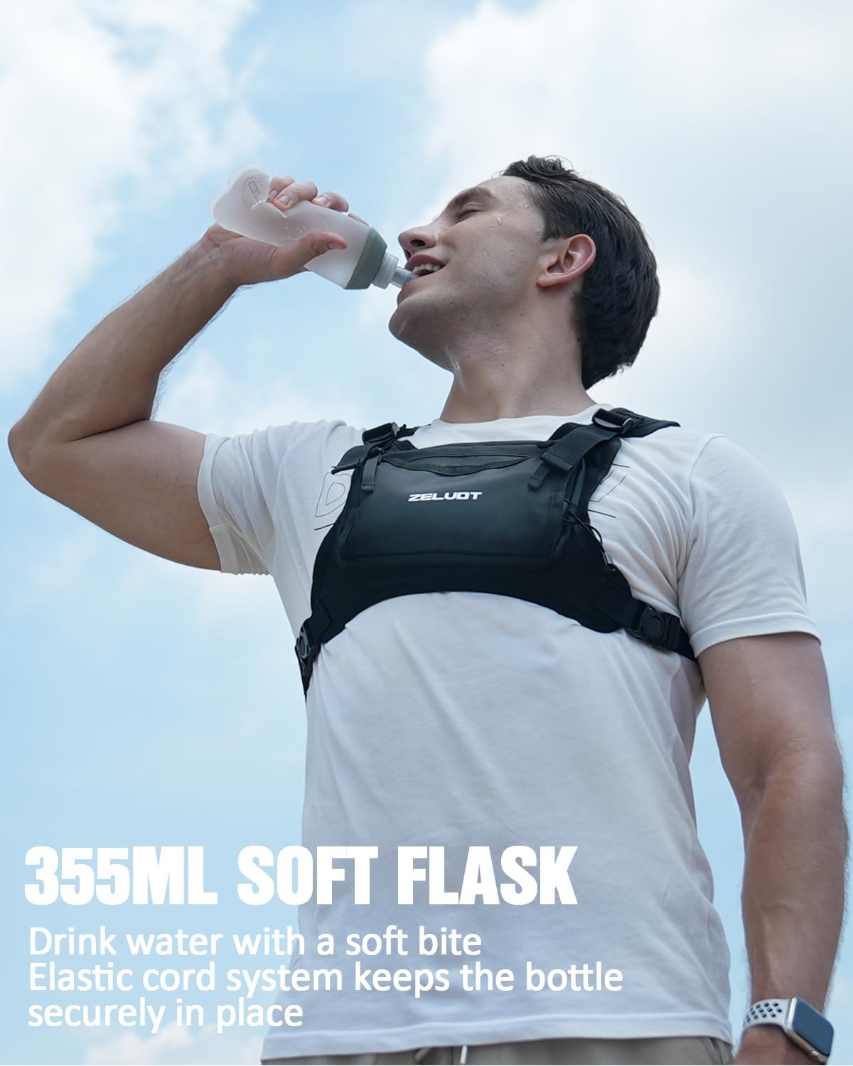 Zelvot Running Vest with 350ml Soft Flask, Lightweight Adjustable Chest Pack with 4 Pockets, Reflective Chest Bag for Women Men for Trail Running, Hiking, Cycling, Marathon (Black, M/L)