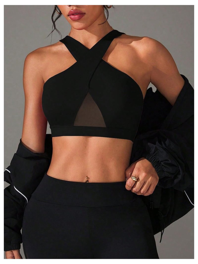 SweatyRocks Women's Criss Cross Mesh Sport Bra Racerback Workout Yoga Crop Tank Top Black Large