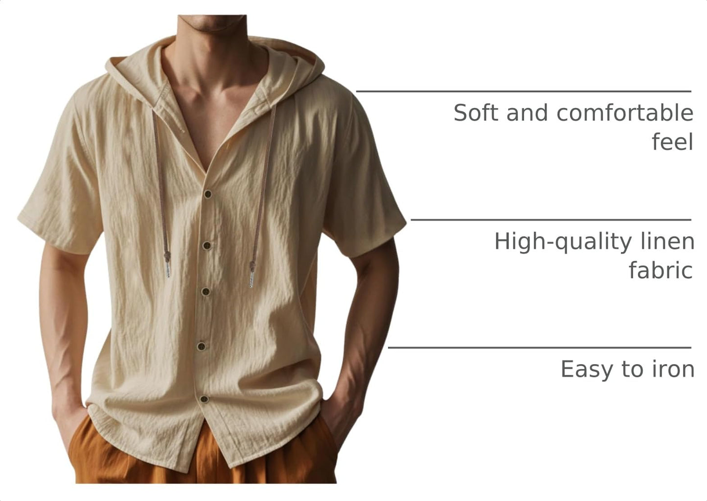 Men Linen Button Down Shirt Short Sleeve Summer Casual Beach Tees Vacation Tops Lightweight Hoodies 2025 Brown