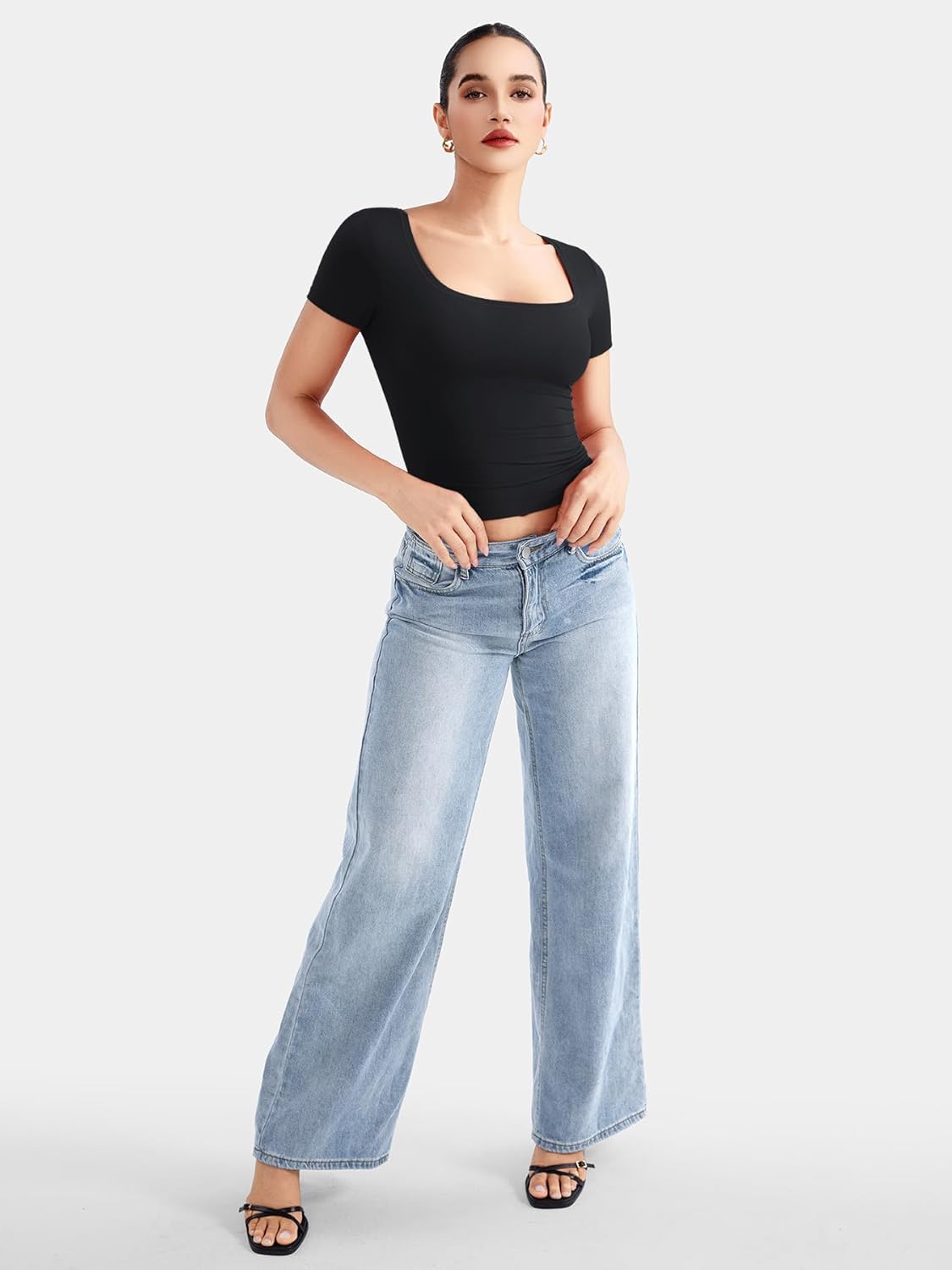 YEOREO Women's Slim Fit Scoop Neck Crop Top - Short Sleeve Double Lined T-Shirt in Black, Size L