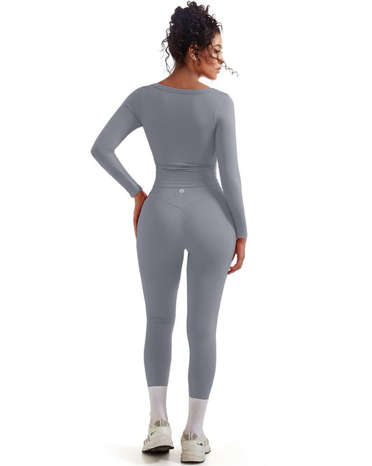 SUUKSESS Women 2 Piece Workout Sets High Waisted Seamless Leggings Active Long Sleeve Tops Compression Yoga Pants(Grey, L)