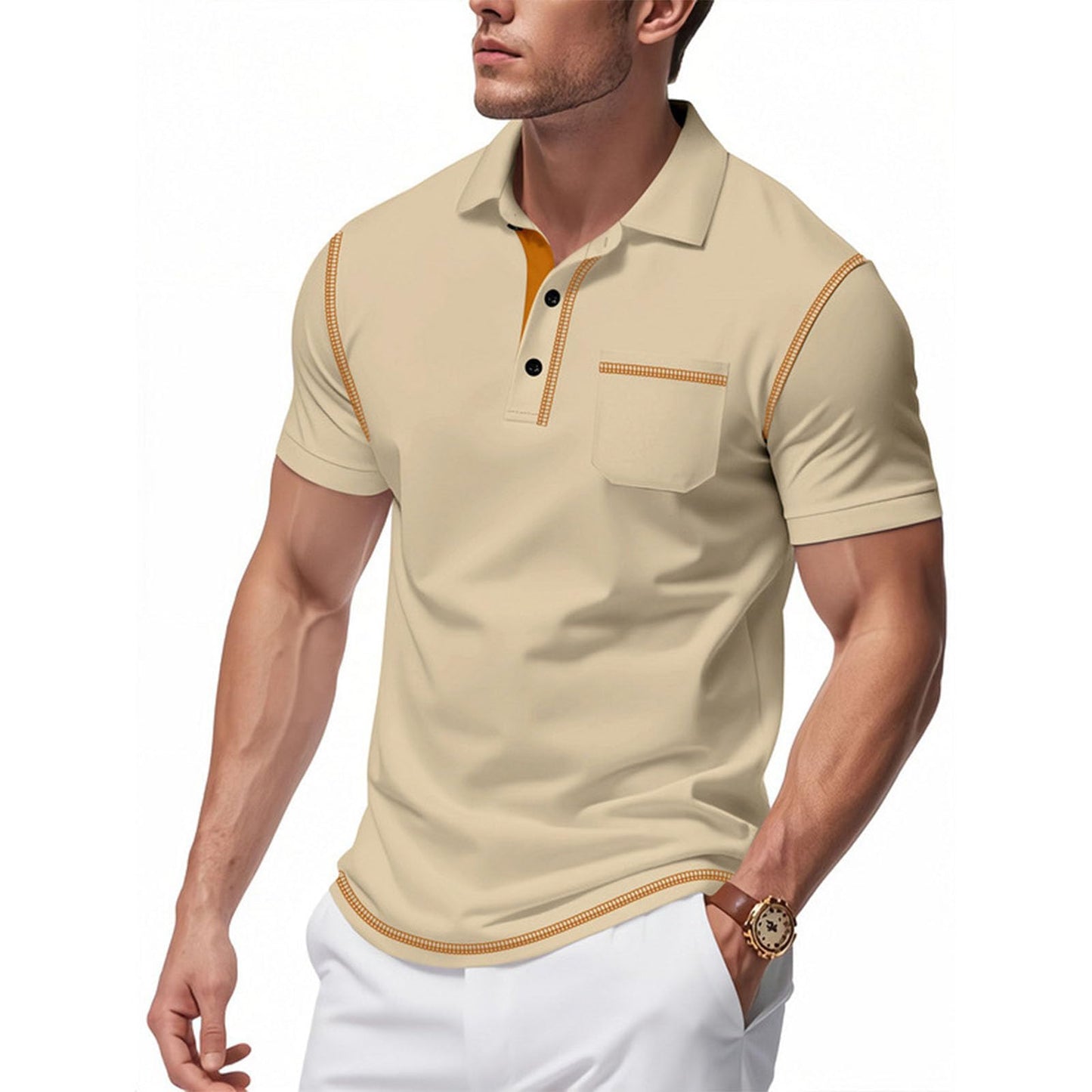 Men's Polo Shirts Button Down Collared Top Short Sleeve V Neck Solid T-Shirt Fitted Comfy Soft Casual Tops Summer Tees Beige