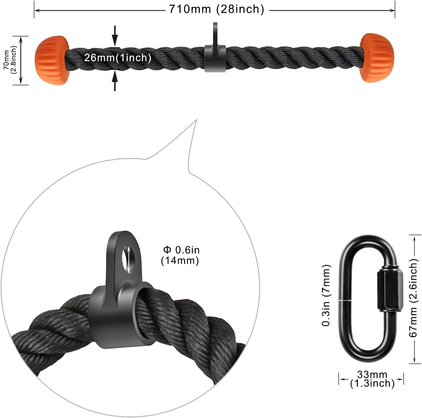 SELEWARE Triceps Rope - Non-Slip Rubber Ends for Home Gym | 28 & 36 Inch LAT Pulldown Attachment in Black & Orange