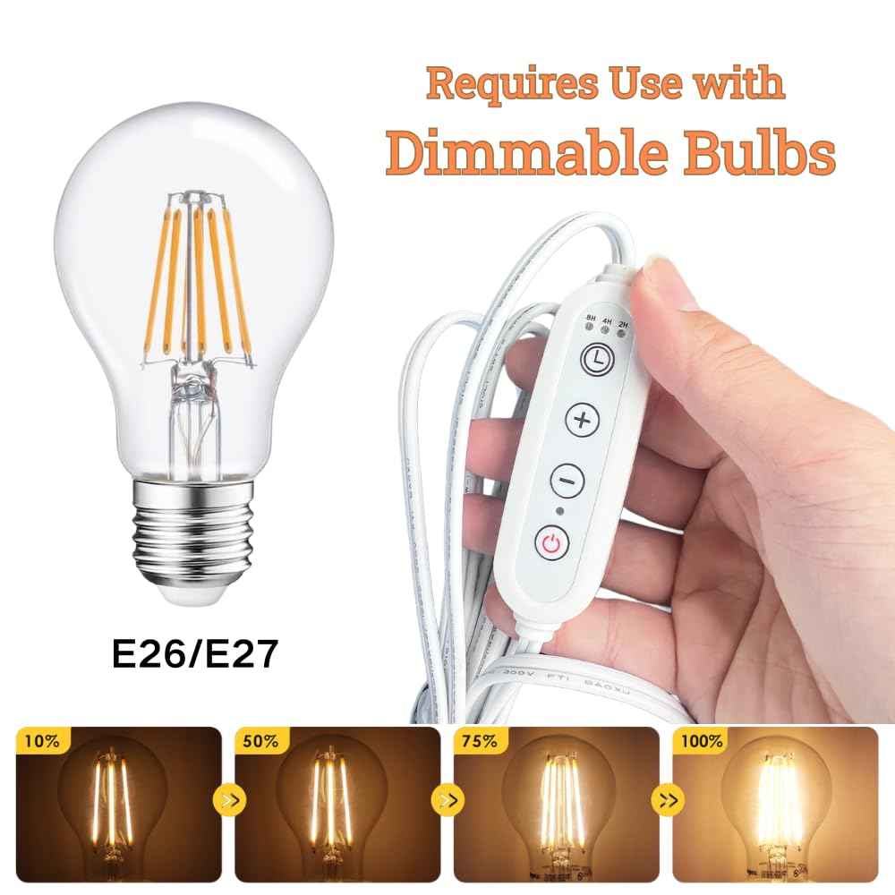 Pendant Light Cord with E26/E27 Socket, 15FT Extension Cable, Stepless Dimming, 2/4/8H Timer, On/Off Switch, Lampshade Holder – Hanging Light Kit for DIY Pendant Lamp, Plug in Pendant Lighting – White