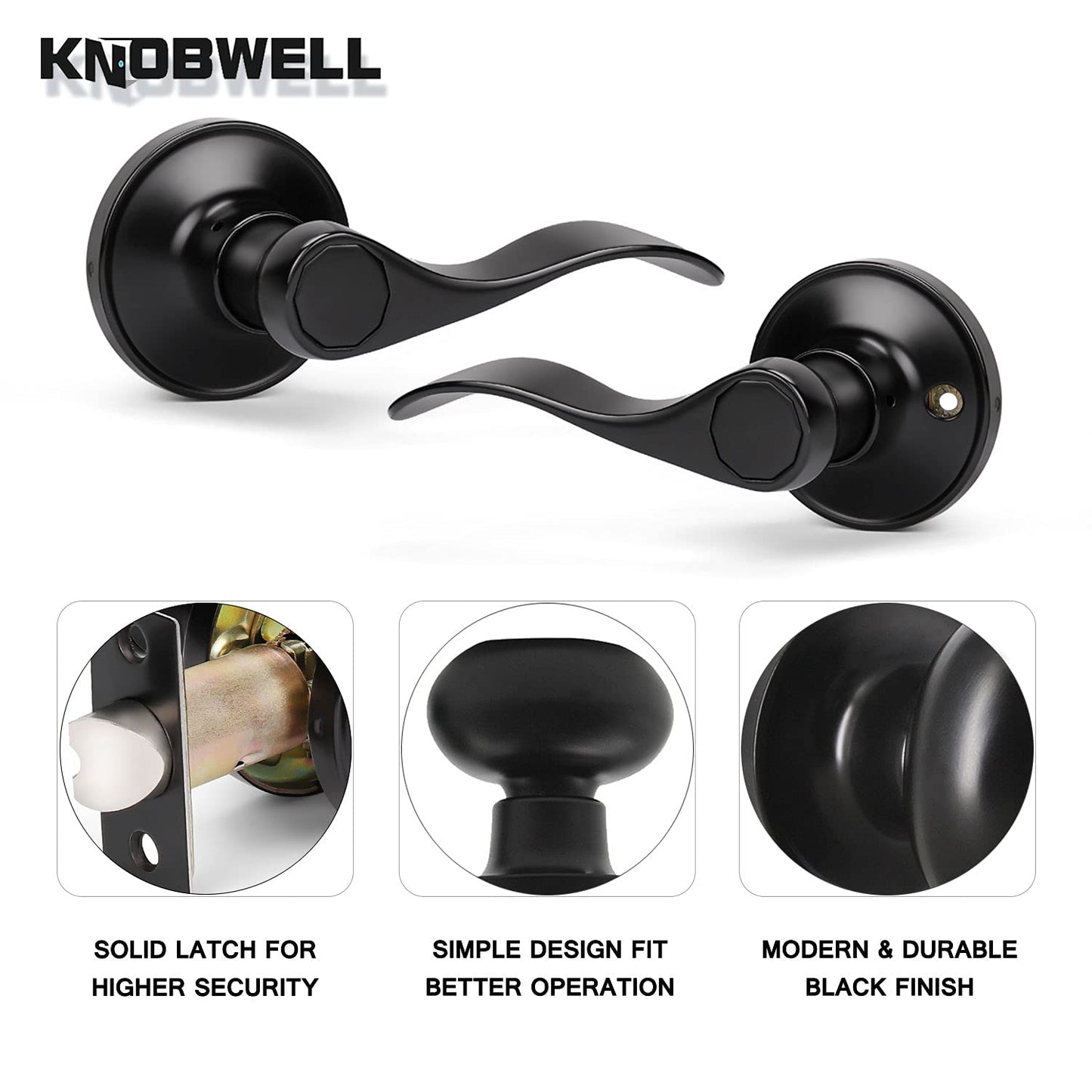 KNOBWELL 6 Pack Matte Black Door Knobs Interior Passage Door Levers for Closet/Hallway, Classic Style Reversible for Right or Left