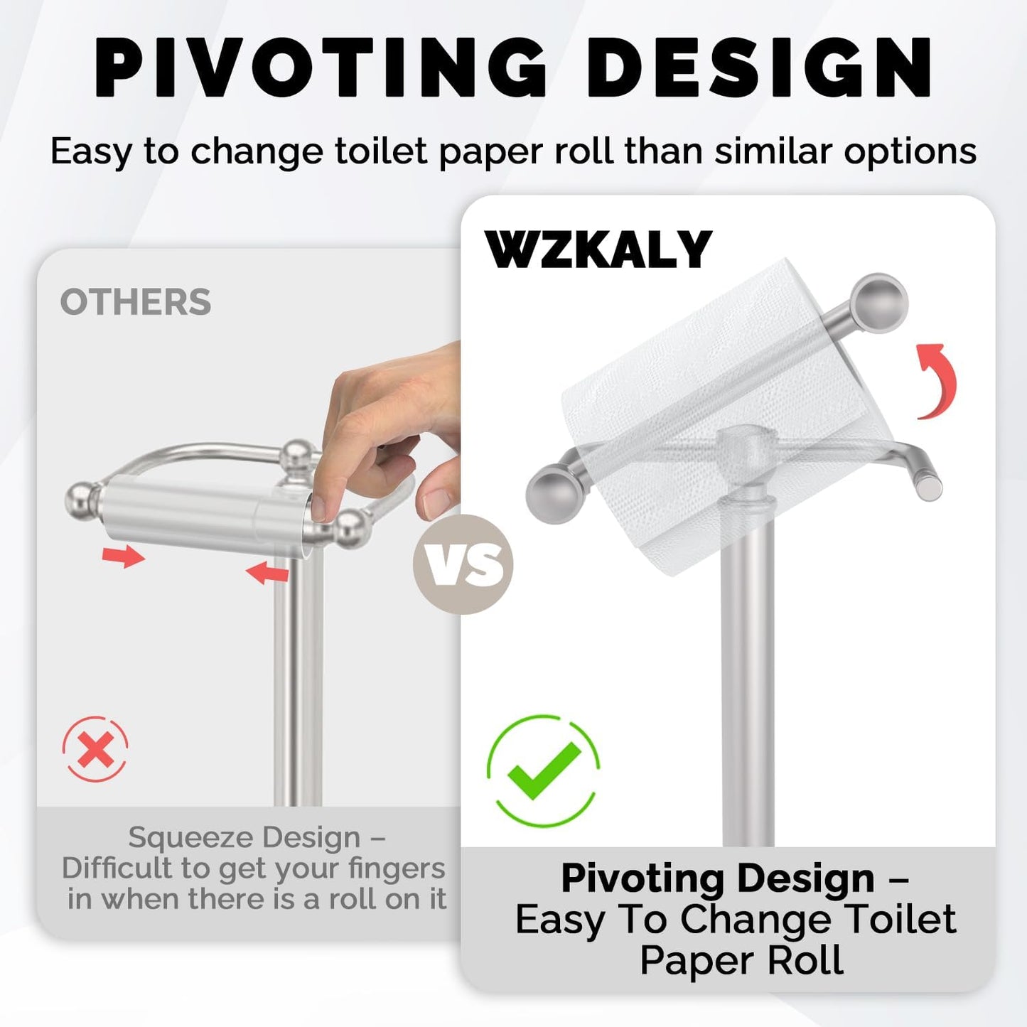 Brushed Nickel Free Standing Toilet Paper Holder with Pivoting Design & Weighted Base