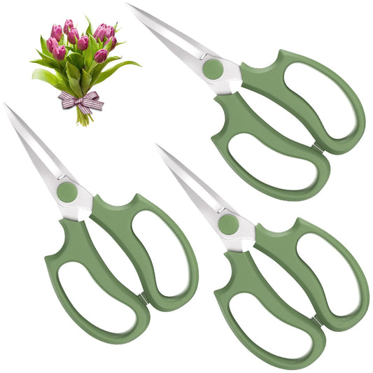 Housolution Flower Scissors, Strong Floral Shears,3PCS Premium Steel Garden Pruning Shears Floral Fruits Leaf Scissors Hand Pruner Snip Trimming Tool for Gardening Flower Arrangement, Green
