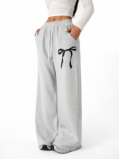 Verdusa Women's Coquette Bow Baggy Sweatpants Fitness Clothing Wide Leg Pants with Pockets Grey Small