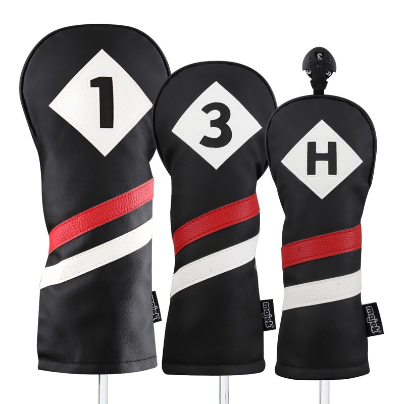 Majek Retro Golf Headcovers Black Red and White Vintage Leather Style 1 3 H Driver Fairway Wood and Hybrid Head Cover Classic Look