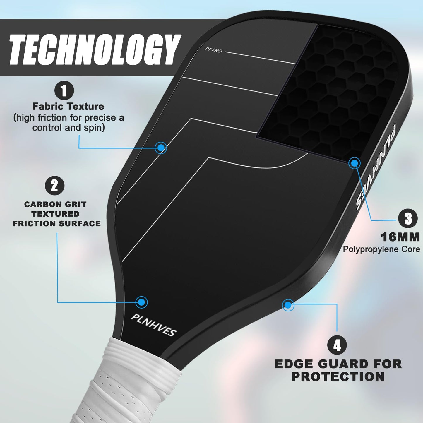 Pickleball Training Paddle - Pickleball Trainer Practice Paddle, Carbon Fiber Particle Paint Frosted Surface, Extra Long Handle, 16mm Core Sports Sweet Spot Training Racket