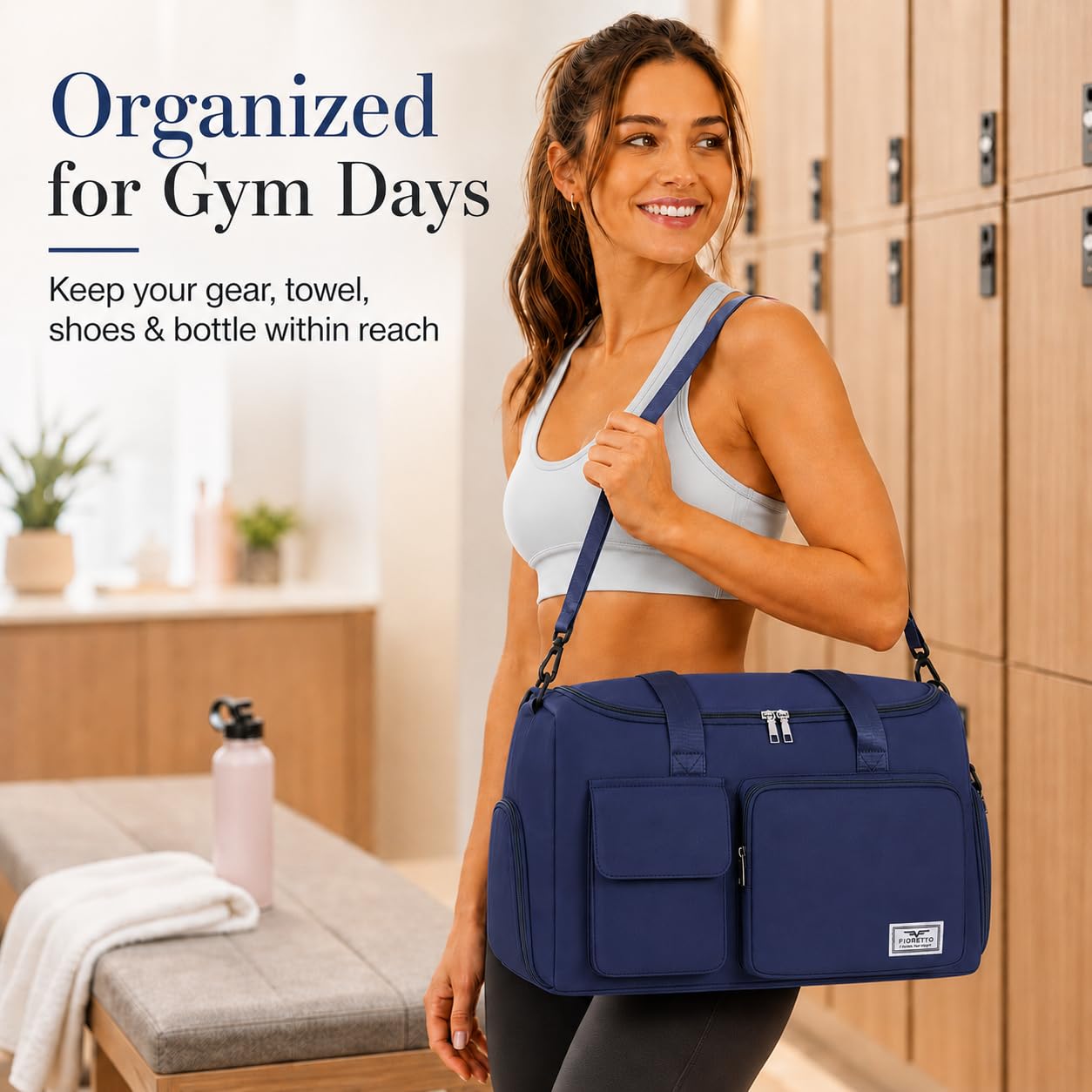 FIORETTO Women's Gym Duffle Bag with Shoes Compartment, 30L Capacity, Ideal for Travel, Gym, Sports, Duffel, Weekender, Navy Blue