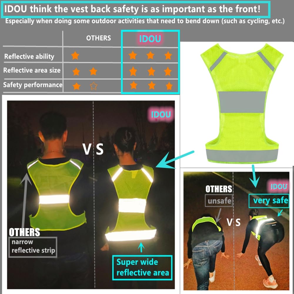 IDOU Reflective Vest Safety Running Gear with Pocket, Ultralight &Adjustable Waist&360°High Visibility for running,Jogging,biking,motorcycle,walking,women & men (neon yellow, X-Large)