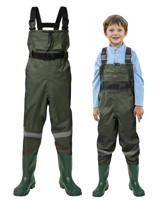 HISEA Kids Chest Waders Nylon/PVC Youth Fishing Waders for Toddler & Children Waterproof Hunting Waders with Boots & Reflect Safety Band