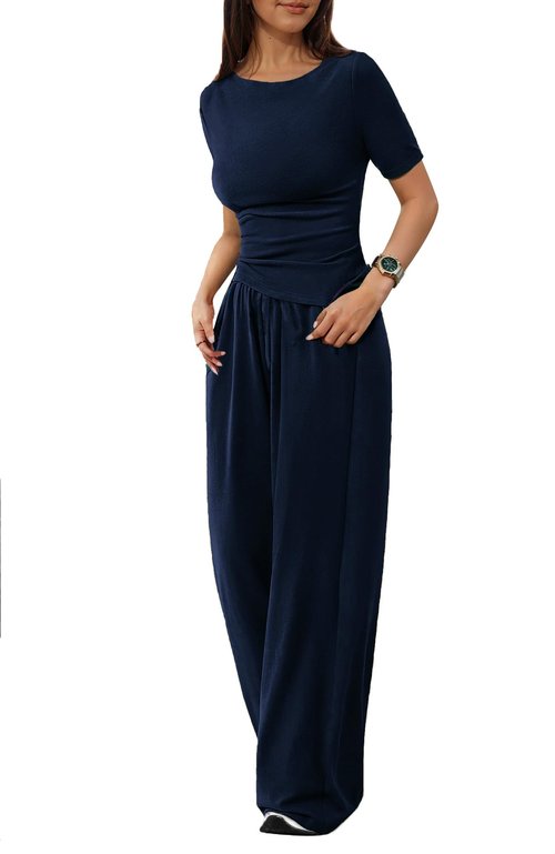 vyolu Women's 2 Piece Lounge Sets Asymmetrical Short Sleeve Wide Leg Pants Casual Outfits Tracksuit Streetwear