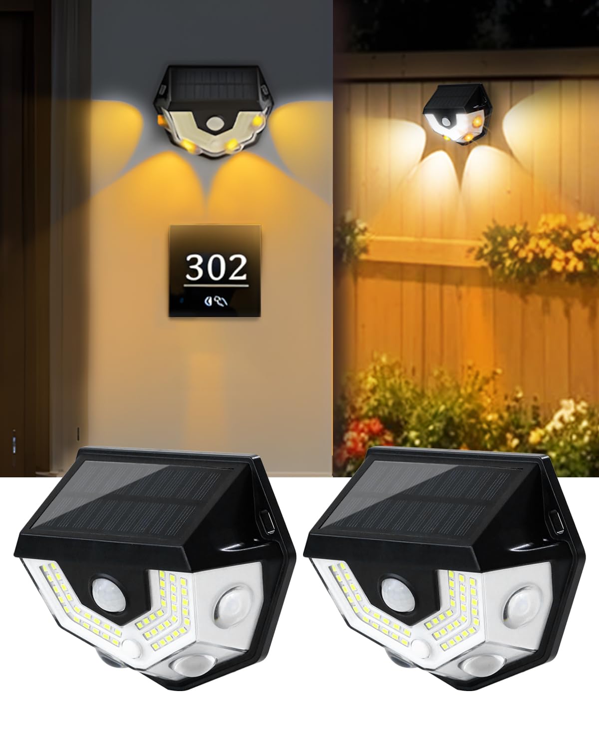 HAARAY 2 Pack Solar Fence Lights, 270° Wide-Angle Illumination Motion Sensor Outdoor Lights, Dusk to Dawn, 3 Settings, Security Light for Yard, Garden, Step