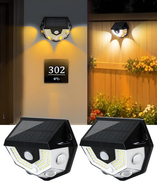 HAARAY 2 Pack Solar Fence Lights, 270° Wide-Angle Illumination Motion Sensor Outdoor Lights, Dusk to Dawn, 3 Settings, Security Light for Yard, Garden, Step