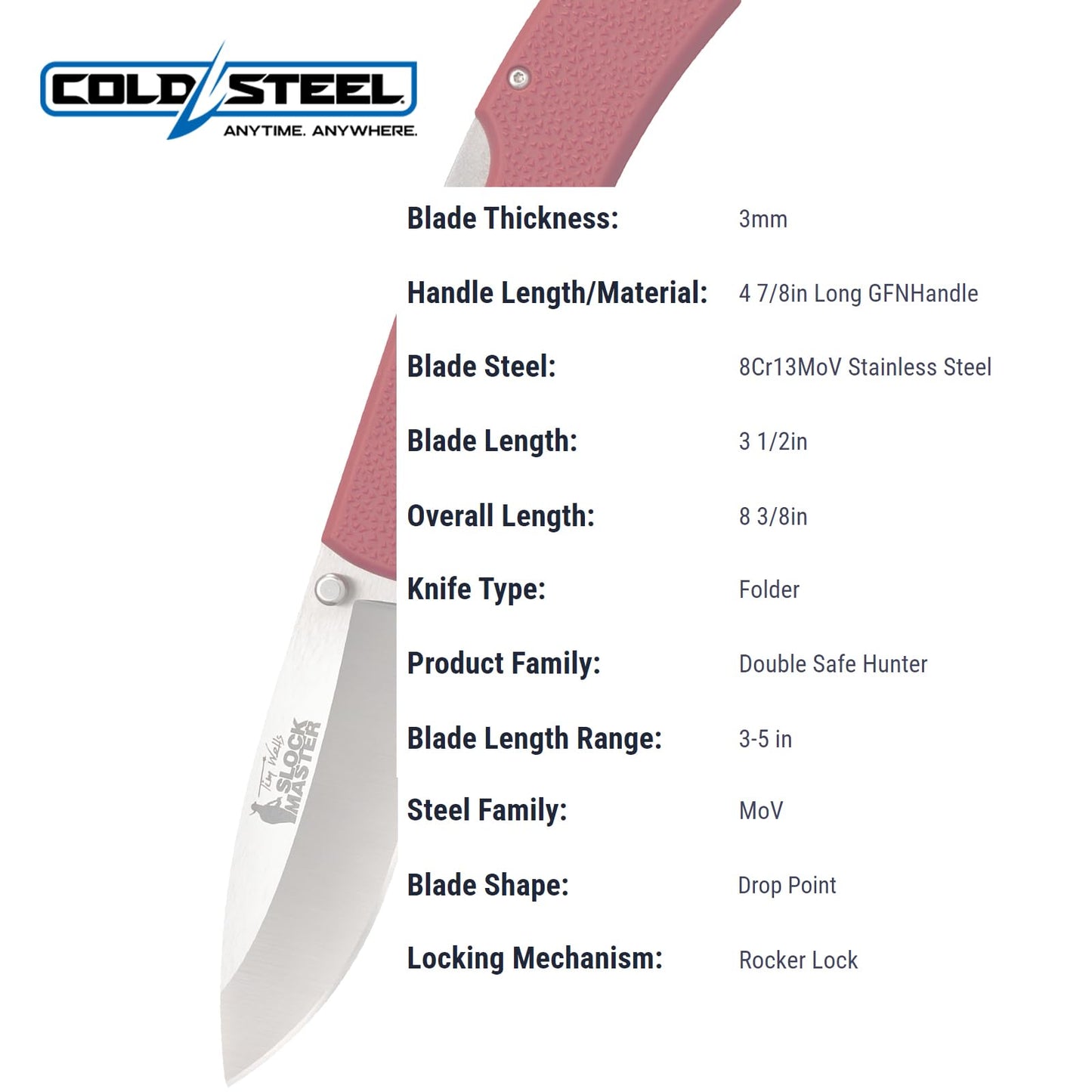 Cold Steel Double Safe Hunter Slock Master 3.5" 8Cr13MoV Drop Point Blade 4.875" GFN Handle Hunting Folding Knife w/Rocker Lock