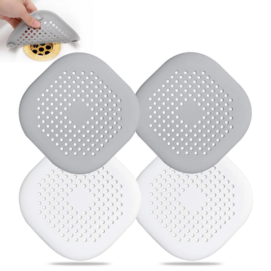Hair Drain Catcher,Square Drain Cover for Shower Silicone Hair Stopper with Suction Cup,Easy to Install Suit for Bathroom,Bathtub,Kitchen 4 Pack (Grey Aluminium White)