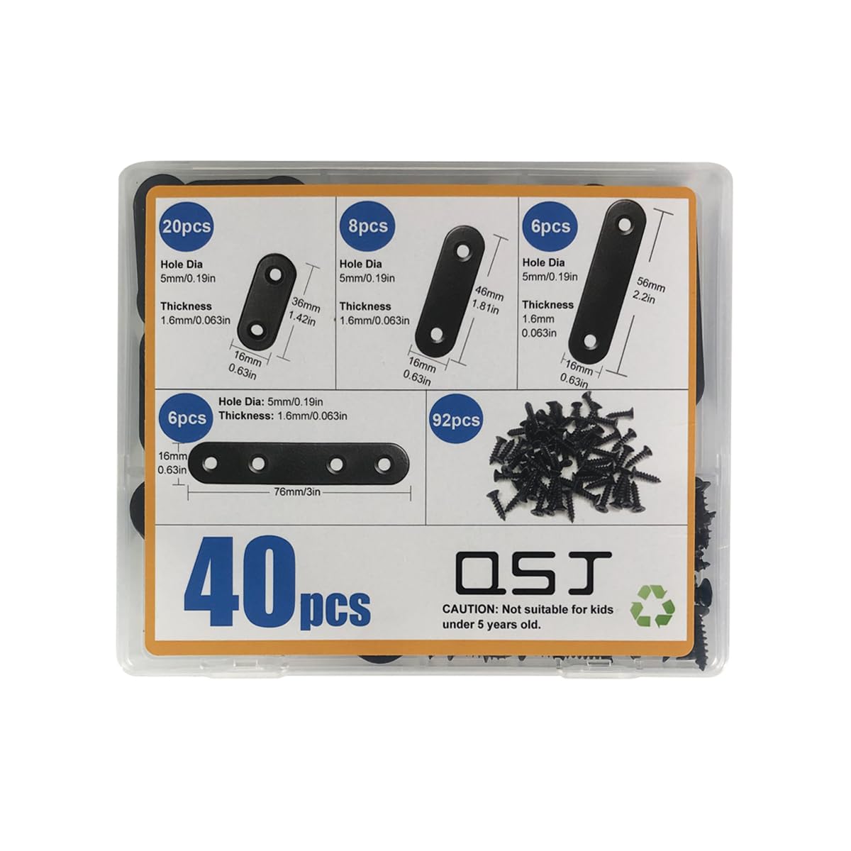QSJ 40 Pack Black Corner Braces Flat Bracket Set 1.42/1.81/2.2/3inch Stainless Steel Metal Plate for Wood