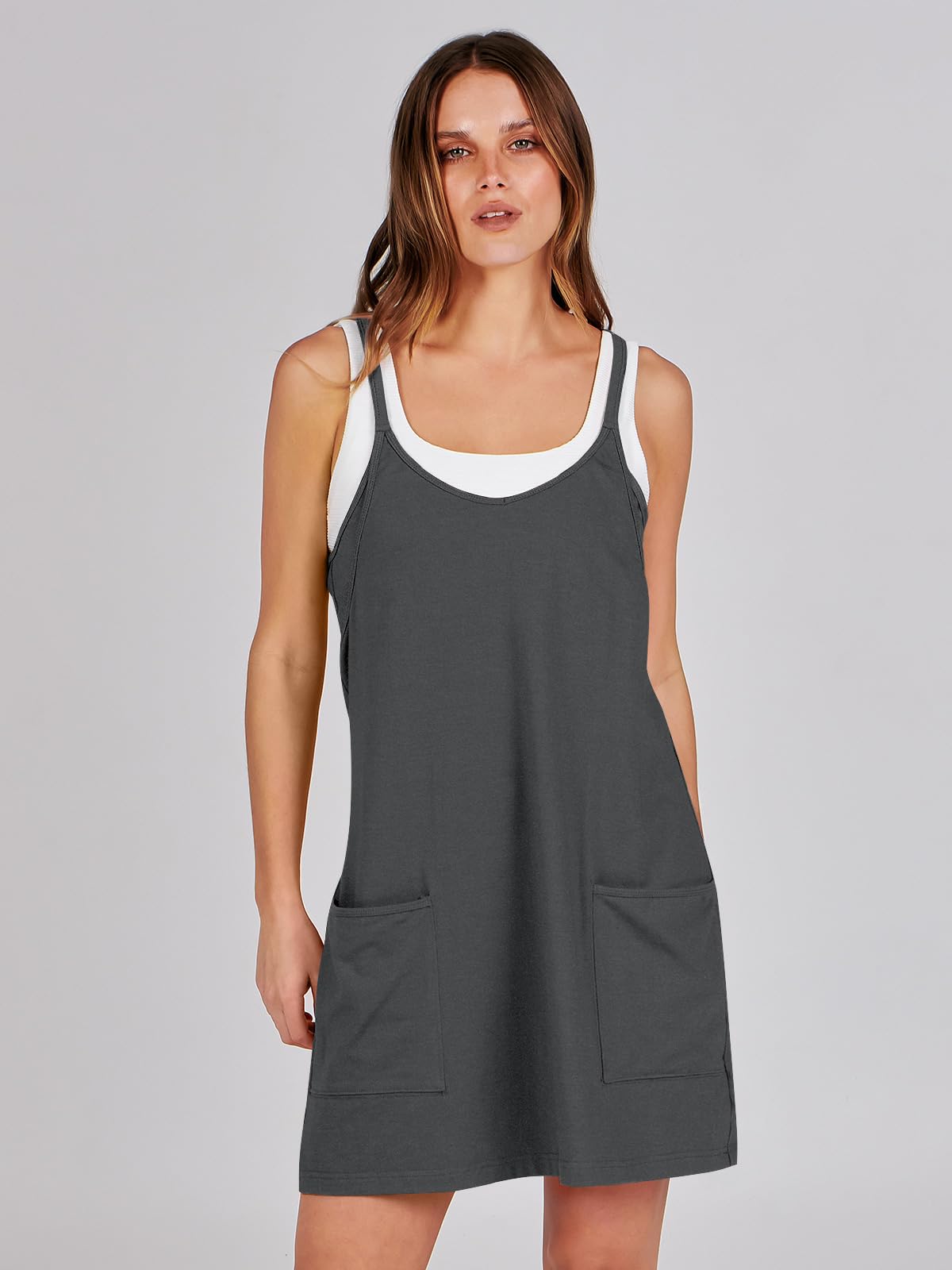 ANRABESS Women Athletic Dress Summer Tennis Workout Active Sports Mini Romper Dress Built in Shorts Travel Vacation Clothes Gray Small