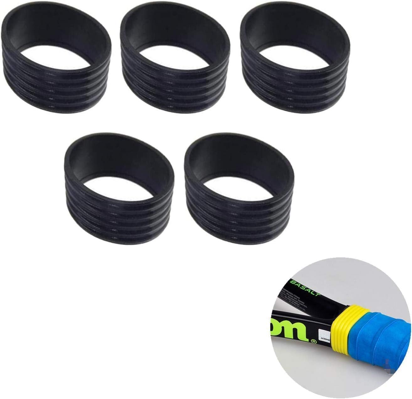 SelHeng 10Pcs Black Tennis Racket Handle Rubber Ring Stretchy Tennis Racquet Band Overgrips, Tennis Racket Grips, Racquet Accessories